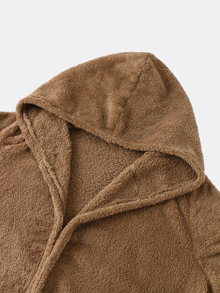 Women Plush Coat Open Front Side Pockets Casual Hooded Sweatshirt