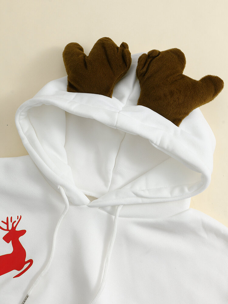 Women Christmas Printed Antler Fleece Thick Casual Hooded Sweatshirt