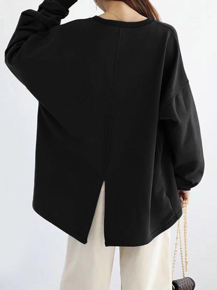 Women Loose Thick Back Fork High Low Solid Casual Pullover Sweatshirt