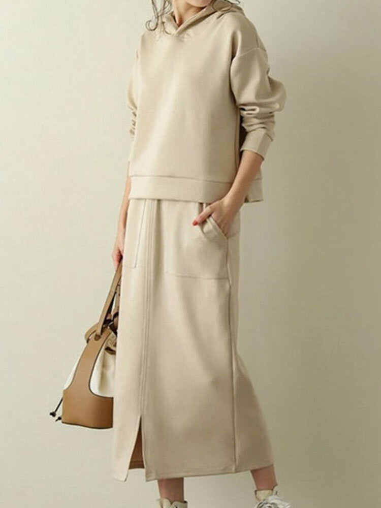 Women Sweatshirt Hooded Solid Side Pocket Calf Length Two  Piece Sets