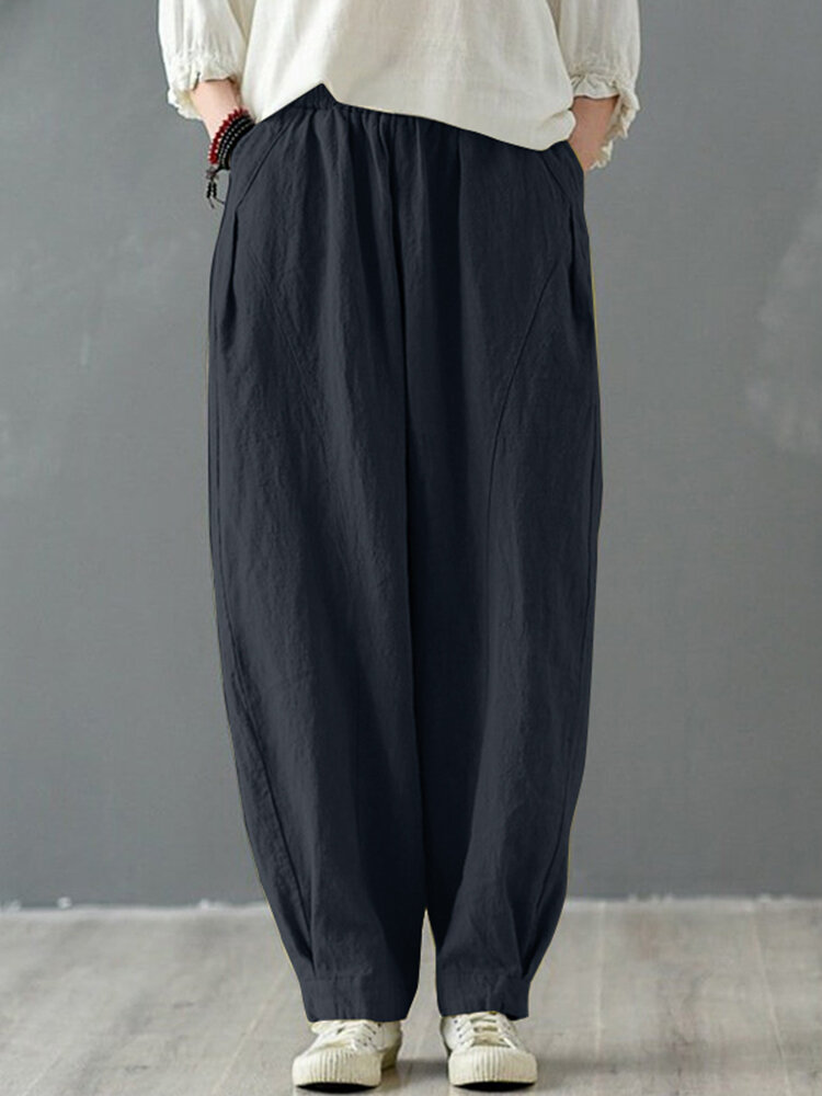 Solid Cotton Pocket Elastic Waist Casual Loose Pants