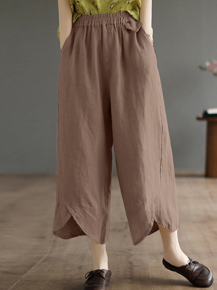 Solid Asymmetrical Hem Pocket Wide Leg Crop Pants