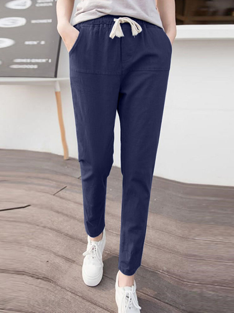 Solid Pocket Drawstring Elastic Waist Casual Tapered Pants