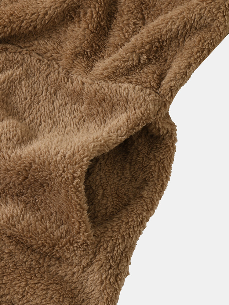 Women Plush Coat Open Front Side Pockets Casual Hooded Sweatshirt