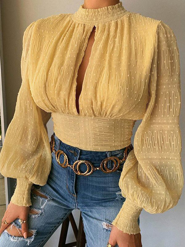 Half high neck chiffon shirt lace long sleeved fashionable top HF2402-02-02