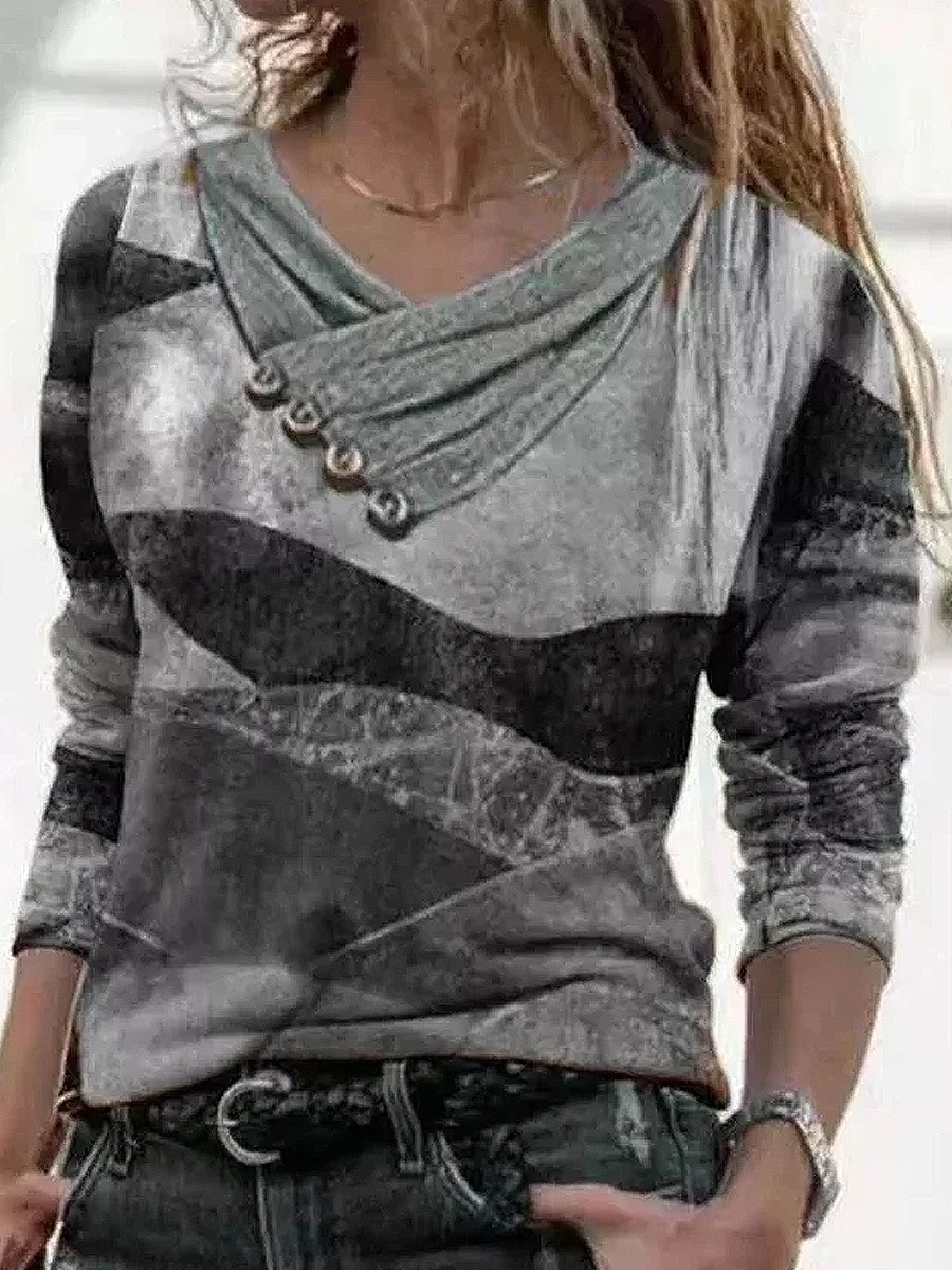 Printed Cross V-Neck Long Sleeve Sweatshirt HF2507-01-01