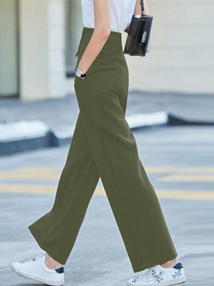 Solid Pocket Button Wide Leg High Waist Casual Pants