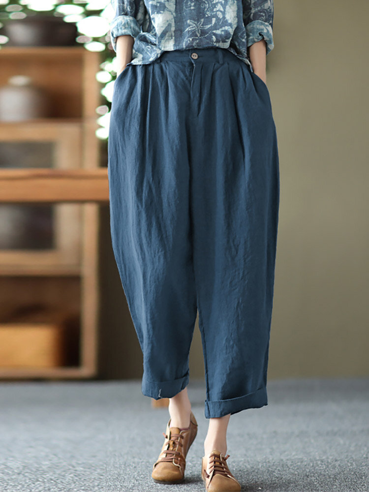 Leisure Solid Cotton Pocket Casual Cotton Pants