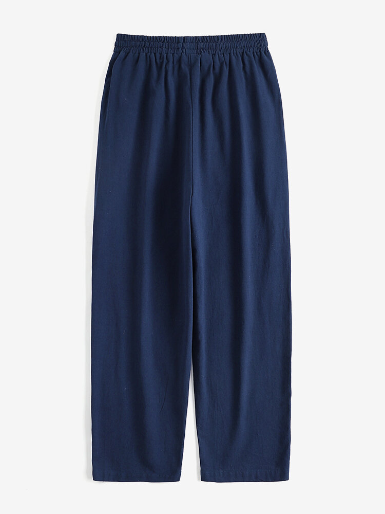 Leisure Solid Drawstring Pocket Cotton Casual Pants