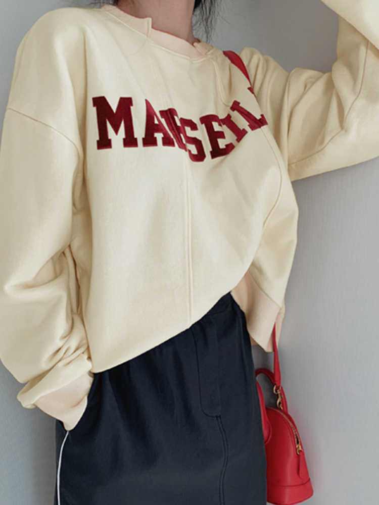 Women Solid Embroidery Words Casual Loose O  Neck Street Fashion Sweatshirt