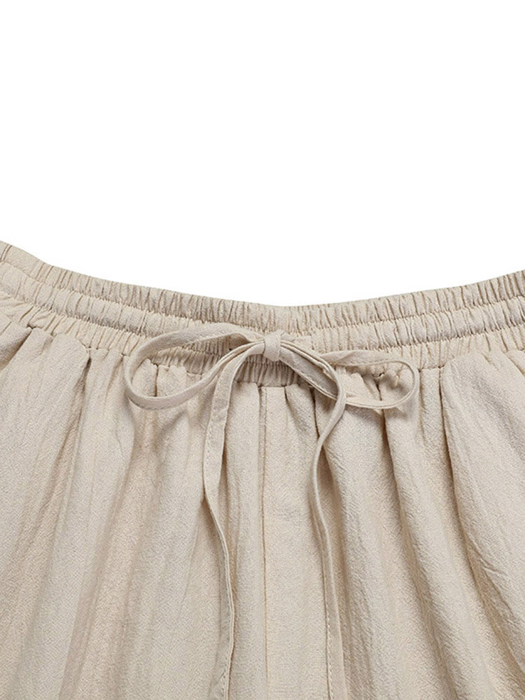 Solid Elastic Waist Drawstring Pocket Cotton Casual Pants