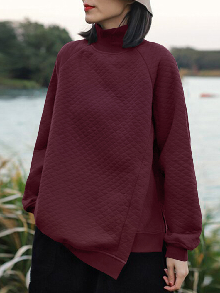 Women Rhombic Turtleneck Thic Full Sleeve Spliced Irregular Hem Pullover Sweatshirt