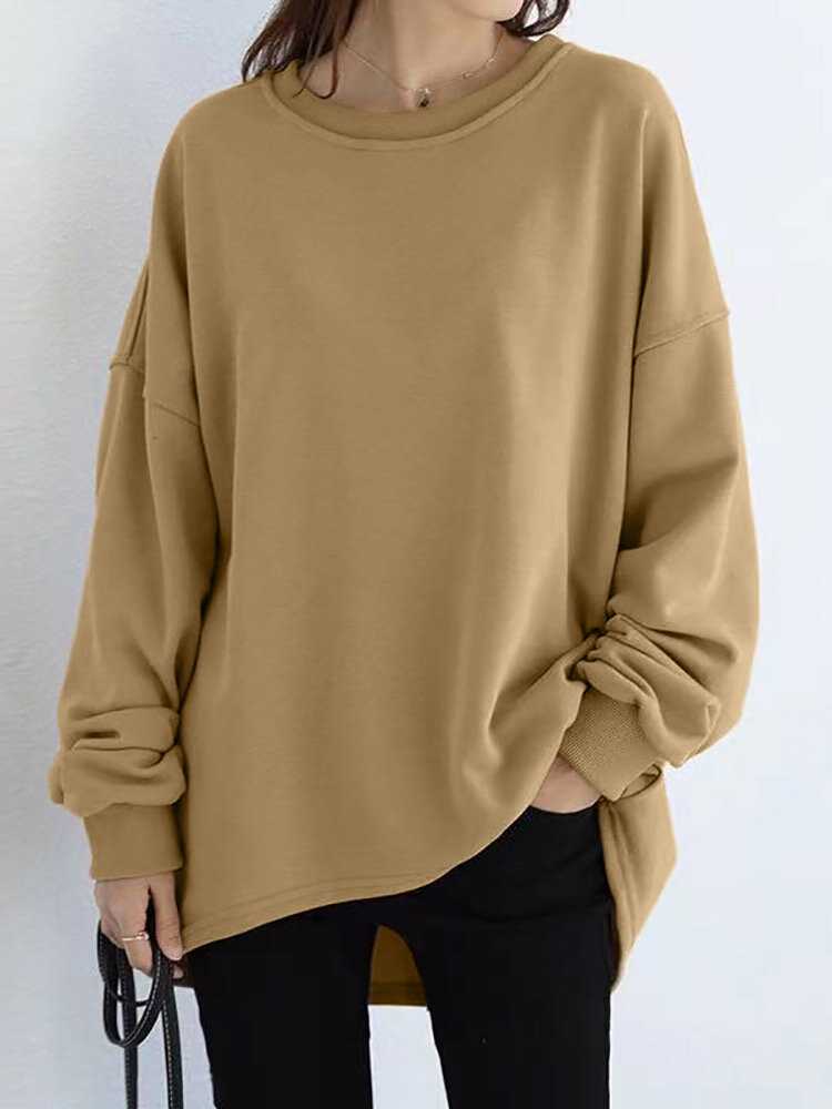 Women Loose Thick Back Fork High Low Solid Casual Pullover Sweatshirt