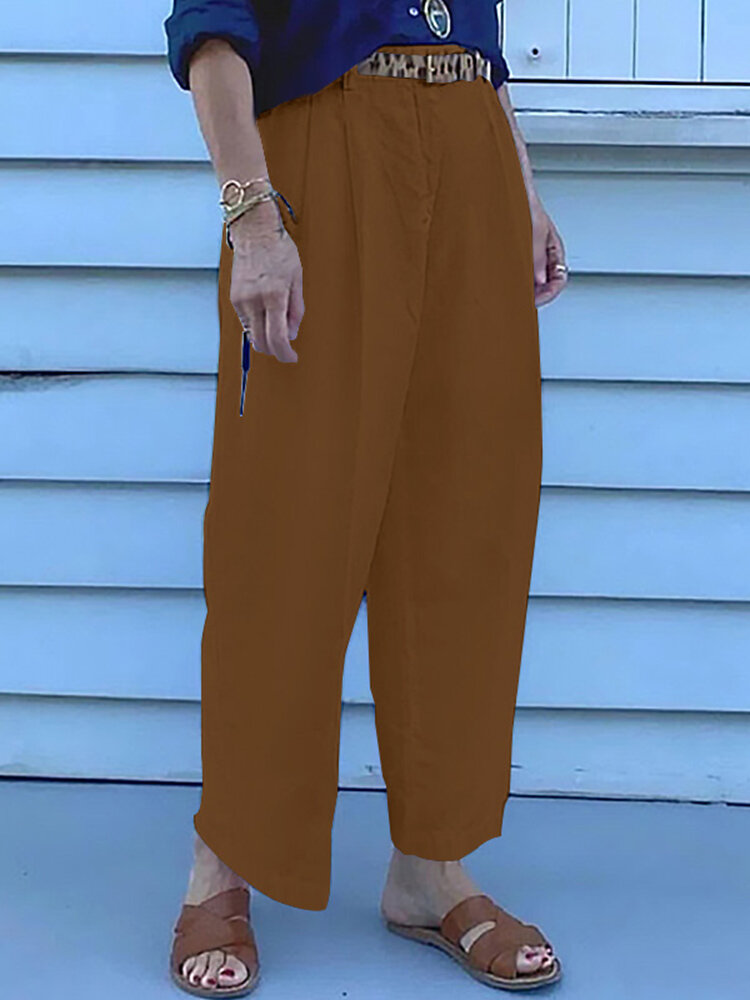 Women Zipper Pleated Commute Button Side Pocket Solid Casual Pants