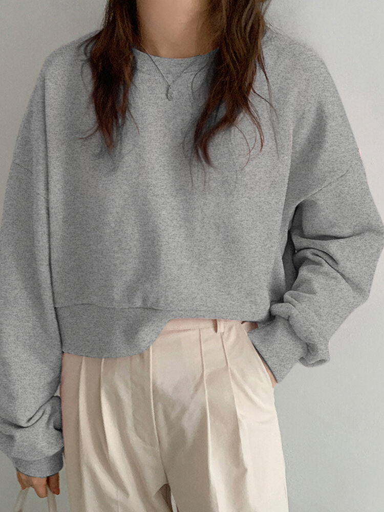Women Long Sleeve Solid Round Necked Narrow Hem Pullover Sweatshirt