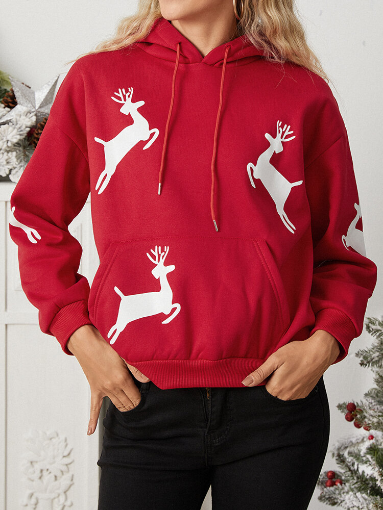 Women Christmas Printed Antler Fleece Thick Casual Hooded Sweatshirt