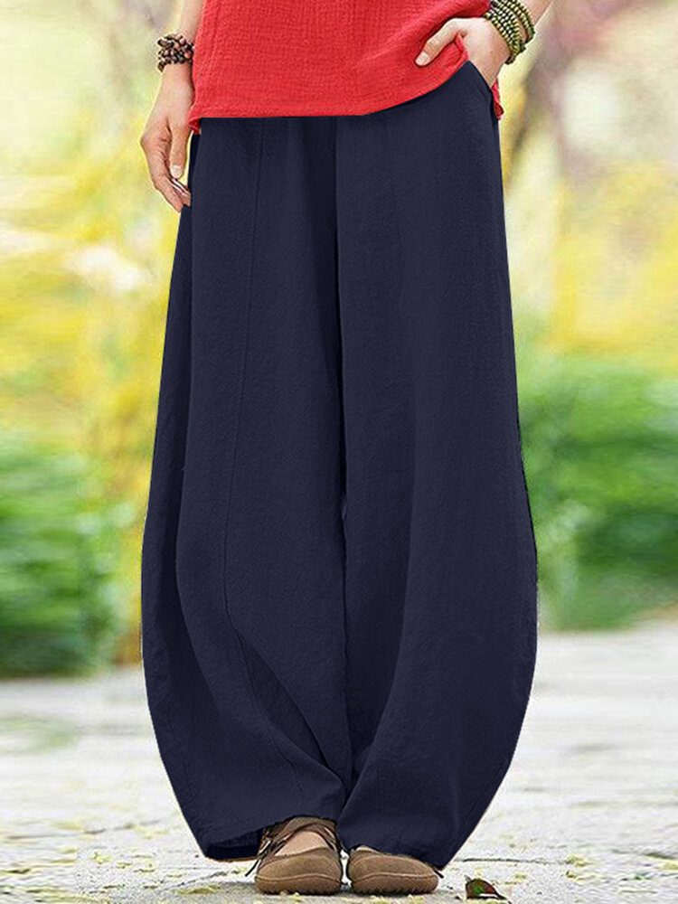 Solid Pocket Elastic Waist Cotton Casual Pants