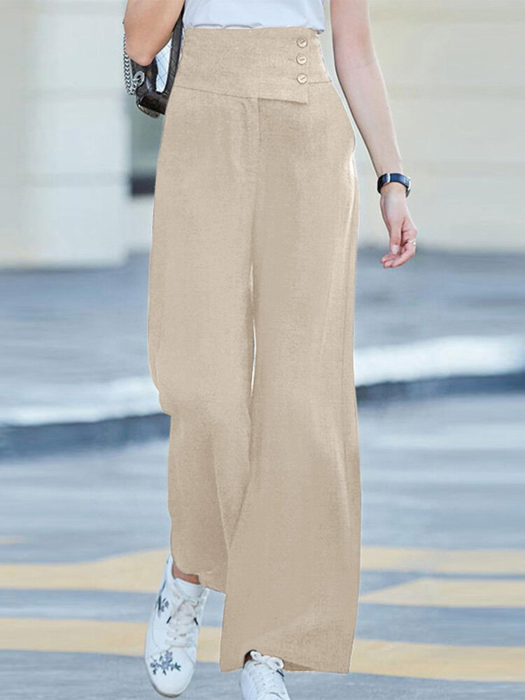Solid Pocket Button Wide Leg High Waist Casual Pants