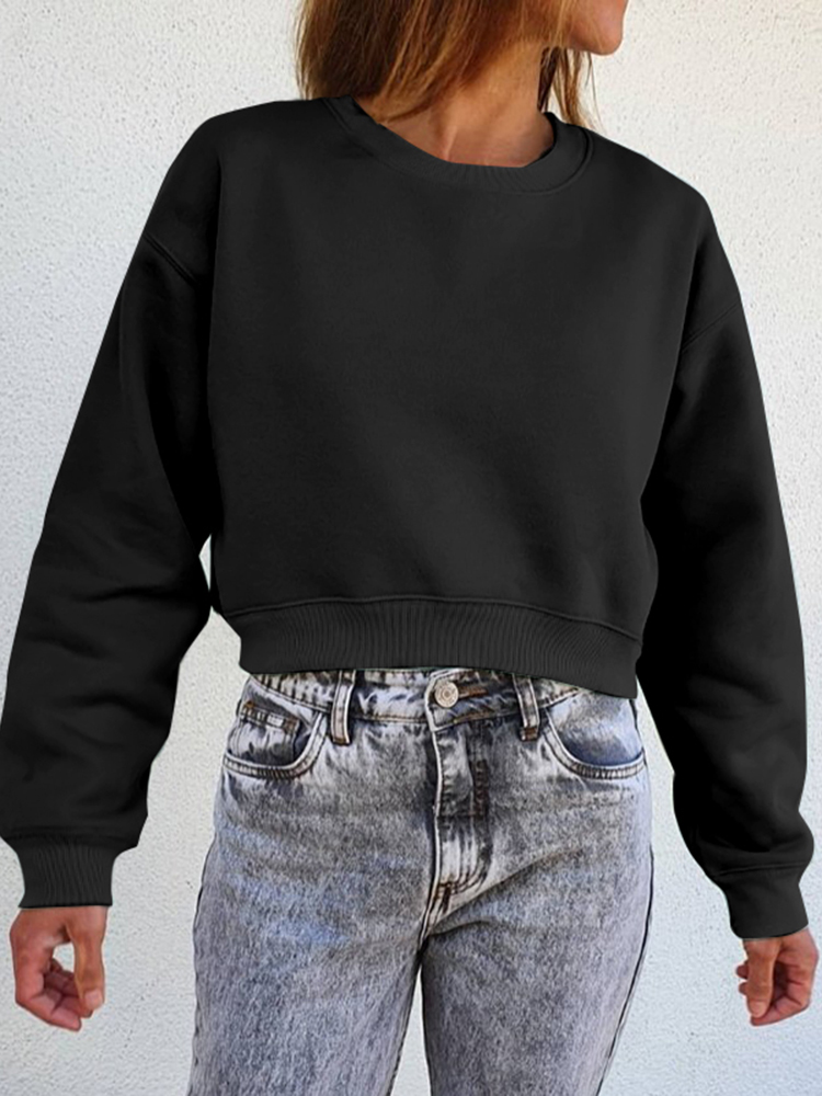 Women Thick Solid Puff Sleeve Solid Color O  Neck Full Sleeve Pullover Sweatshirt