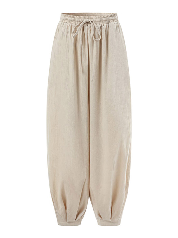 Solid Elastic Waist Drawstring Pocket Cotton Casual Pants