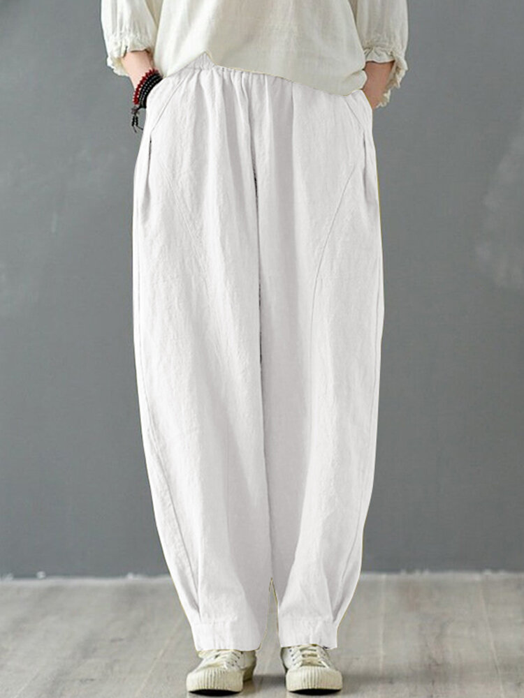 Solid Cotton Pocket Elastic Waist Casual Loose Pants