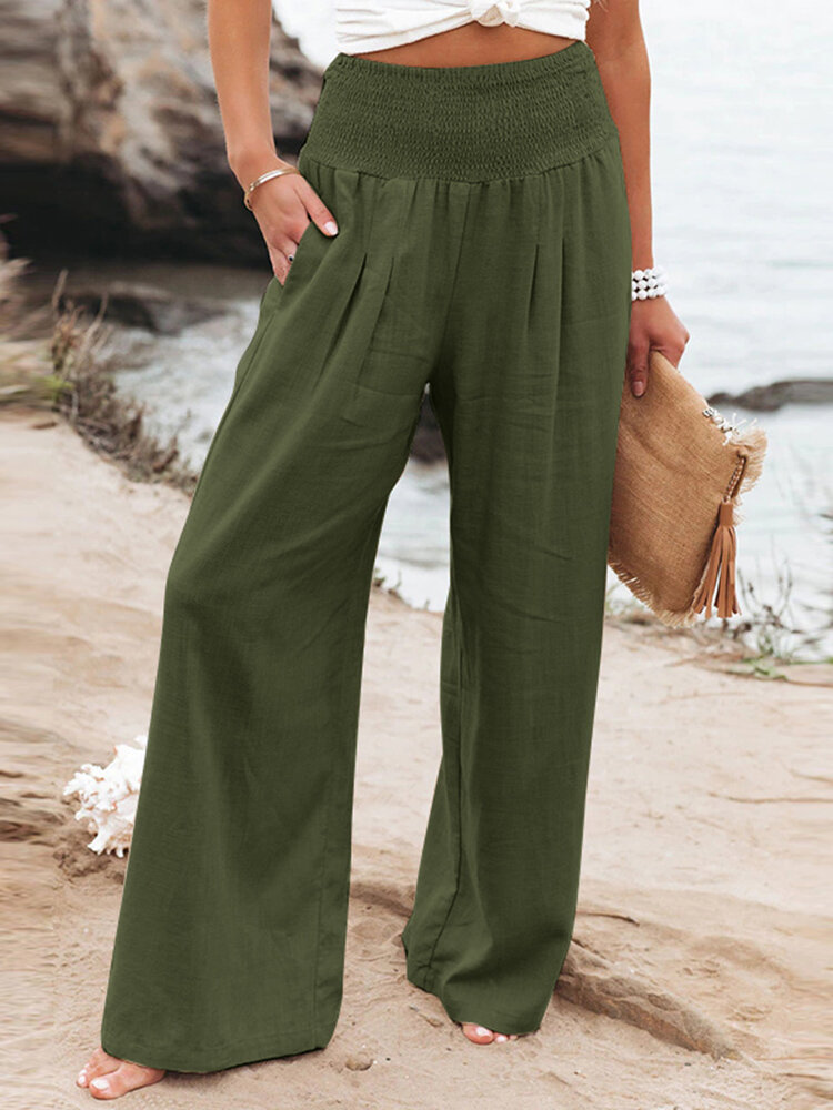 Leisure Solid Shirring Pocket Wide Leg Cotton Pants
