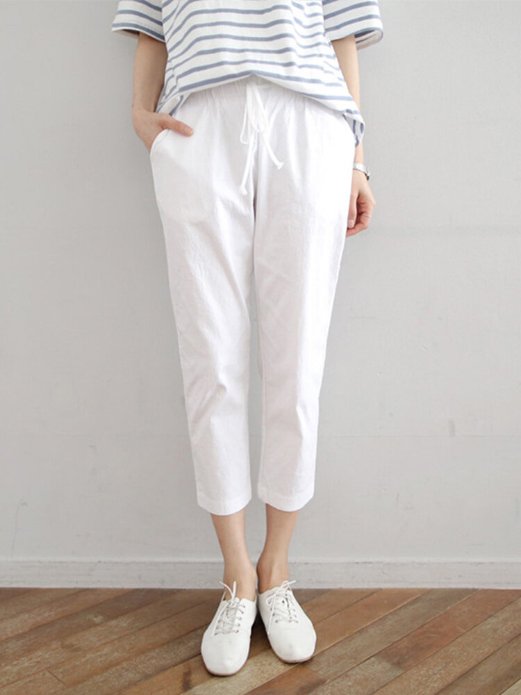 Leisure Solid Drawstring Pocket Cotton Casual Pants