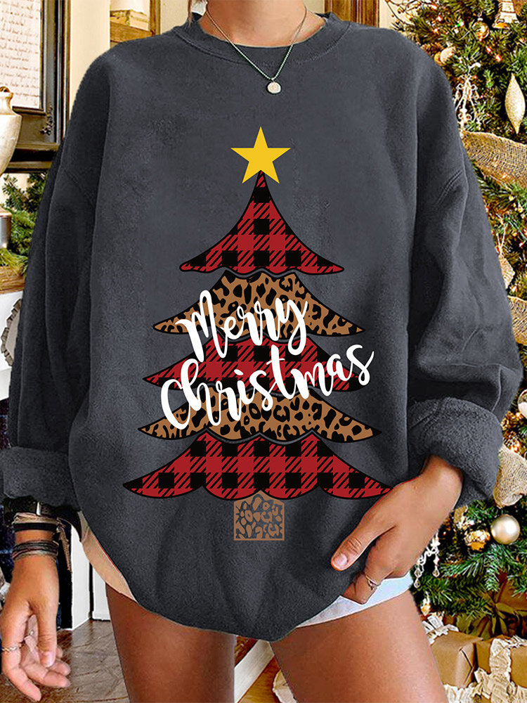 Women Christmas Tree Printed Letter Round Neck Casual Pullover Sweatshirt
