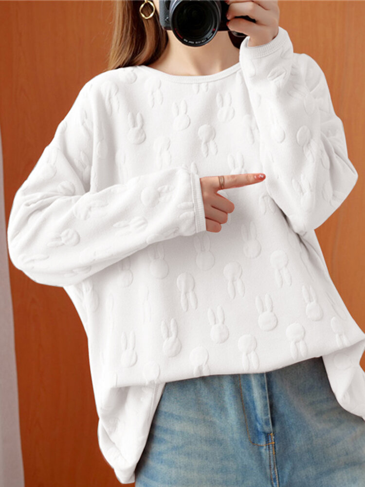 Women Loose All Rabbits Print Stereogram Solid Casual Pullover Sweatshirt