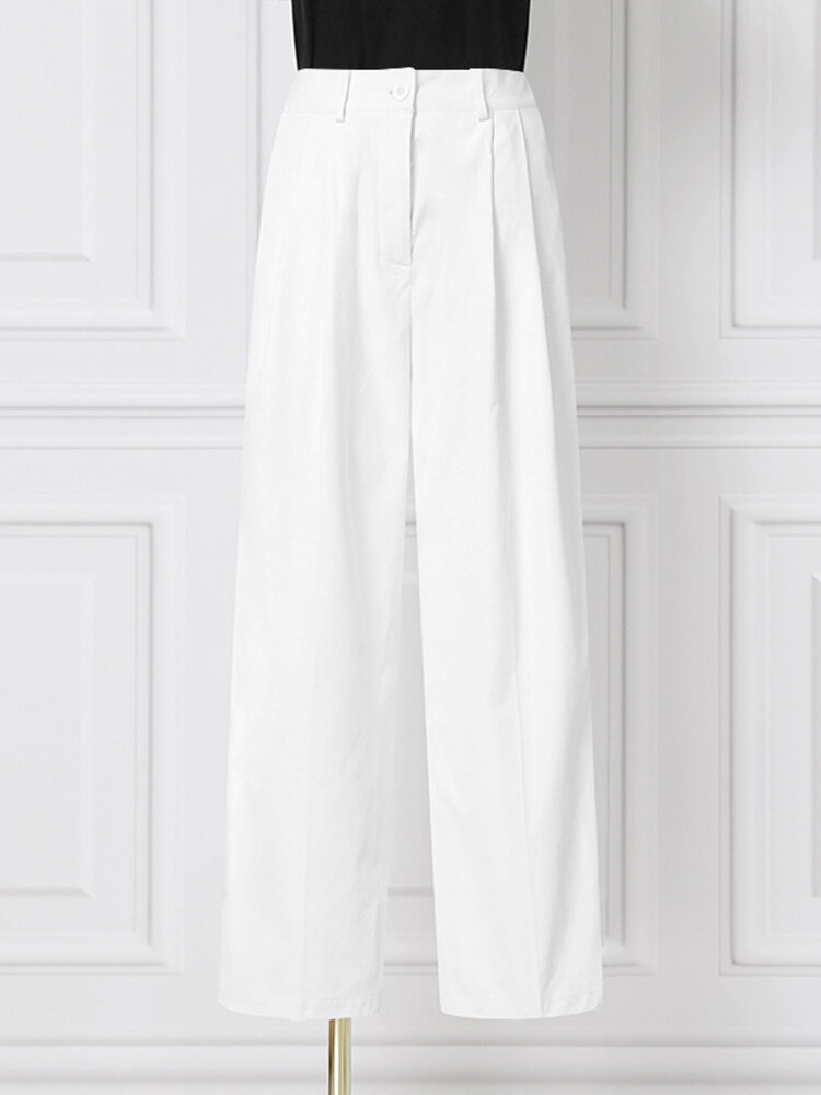 Women Zipper Pleated Commute Button Side Pocket Solid Casual Pants