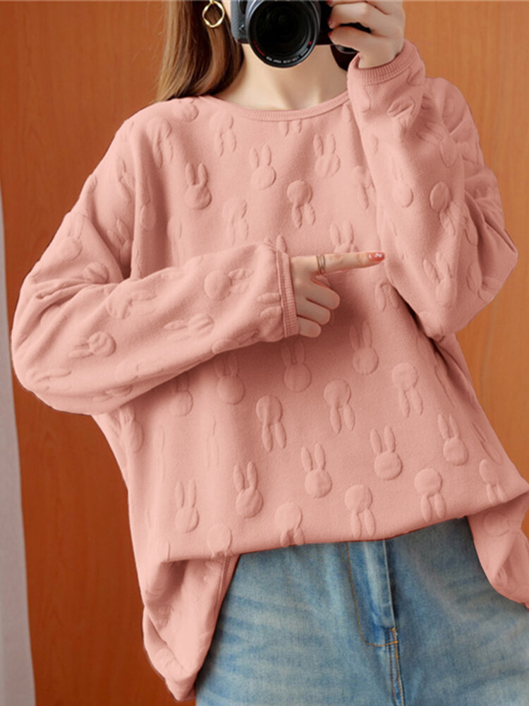 Women Loose All Rabbits Print Stereogram Solid Casual Pullover Sweatshirt