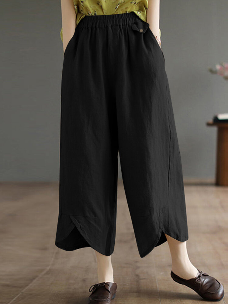 Solid Asymmetrical Hem Pocket Wide Leg Crop Pants