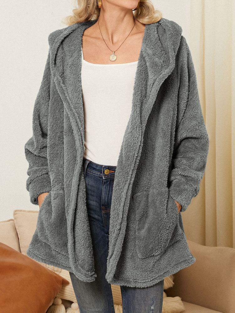 Women Plush Coat Open Front Side Pockets Casual Hooded Sweatshirt