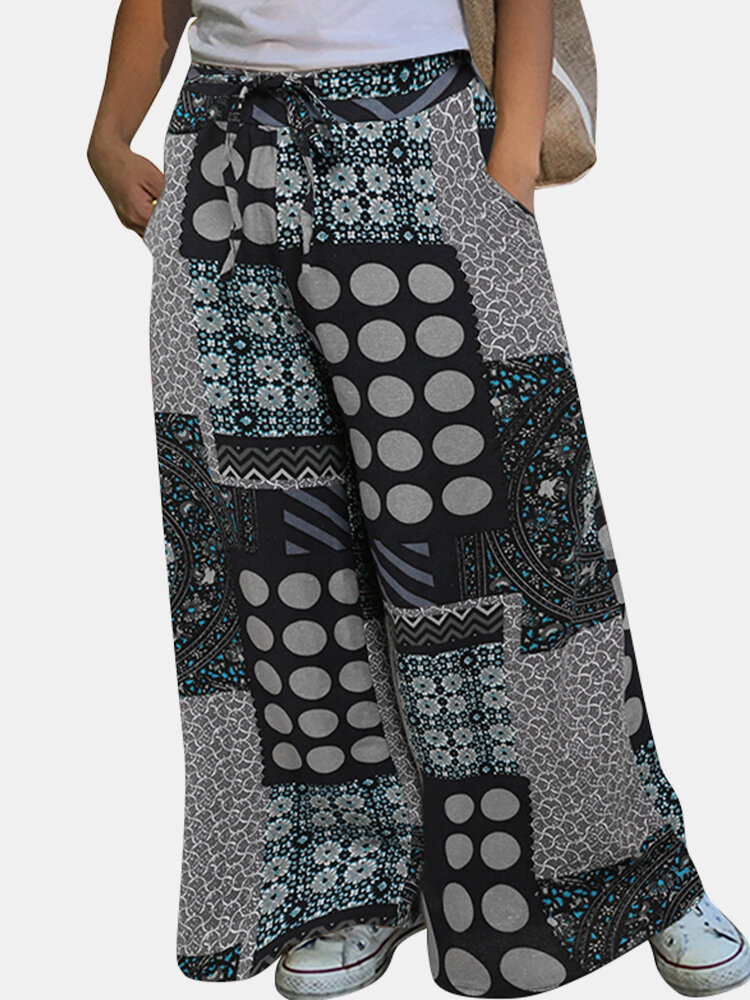 Printed Patchwork Wide  Legged Side Pockets Elastic Pants For Women