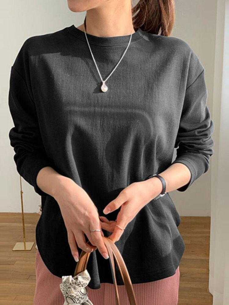 Women Long Sleeve Loose Solid Side Fork High Low Casual Pullover Sweatshirt