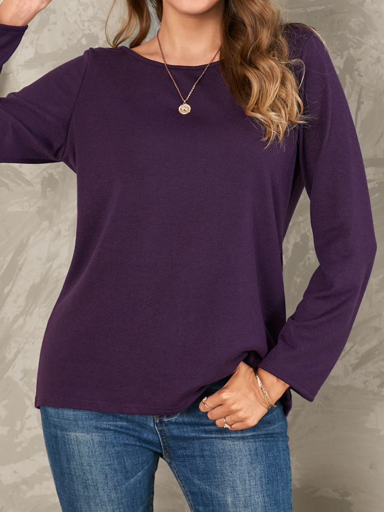 Women Solid Color Basic Designed Pleats Round  Neck Long Sleeve Casual Blouses