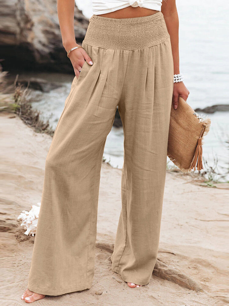 Leisure Solid Shirring Pocket Wide Leg Cotton Pants