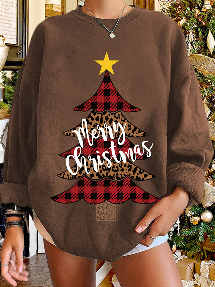 Women Christmas Tree Printed Letter Round Neck Casual Pullover Sweatshirt
