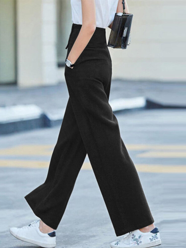 Solid Pocket Button Wide Leg High Waist Casual Pants