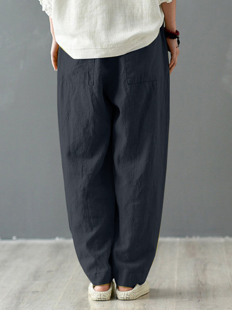 Solid Cotton Pocket Elastic Waist Casual Loose Pants
