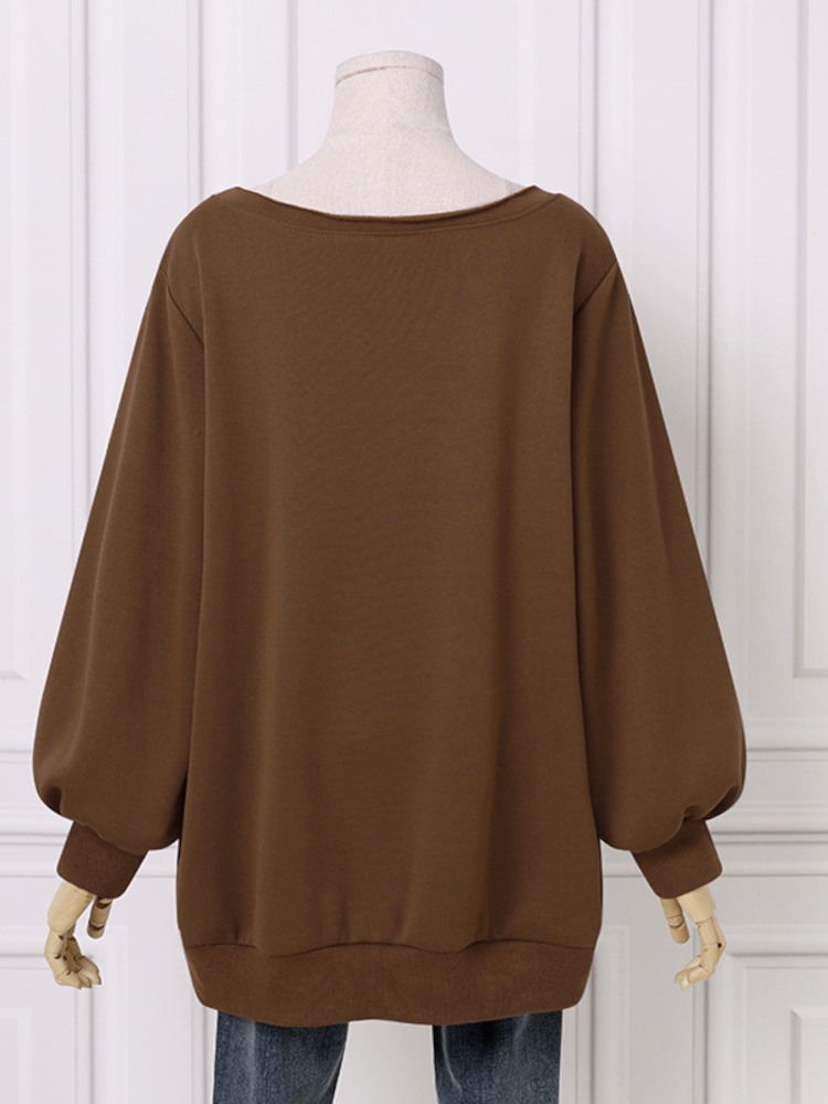 Women Puff Sleeve Solid Thick O  Neck Preppy Homely Sweatshirt