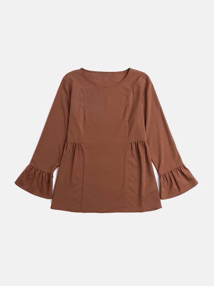 Women Solid Color Ruffle Hem Long Sleeve Top Loose Pants Casual Two  Piece Sets