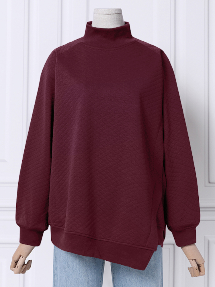 Women Rhombic Turtleneck Thic Full Sleeve Spliced Irregular Hem Pullover Sweatshirt