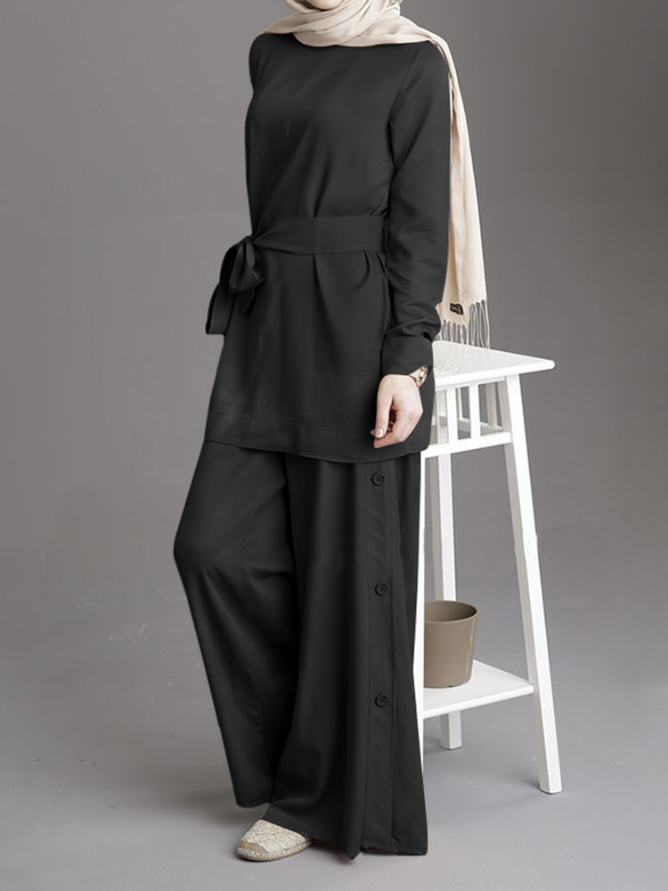 Women Solid Color Belted Blouse Button Loose Pants Two  Piece Casual Set