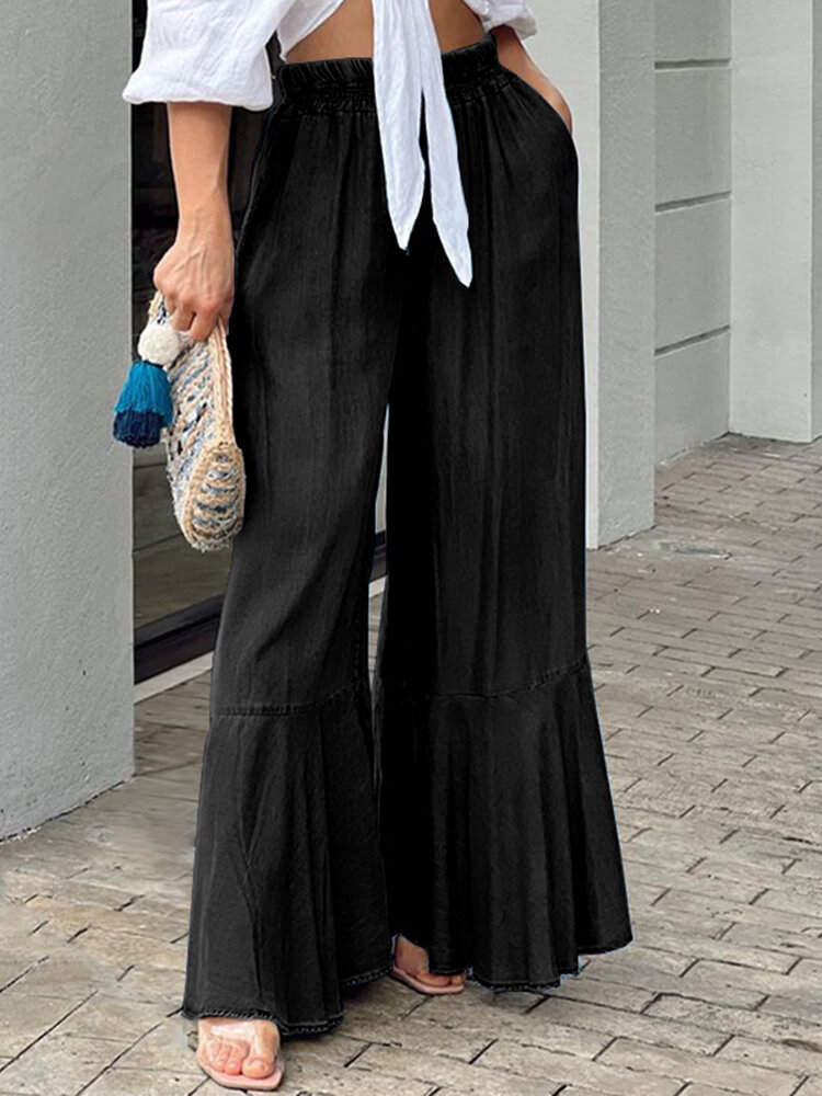 Leisure Solid Ruffle Wide Leg Pocket Pants