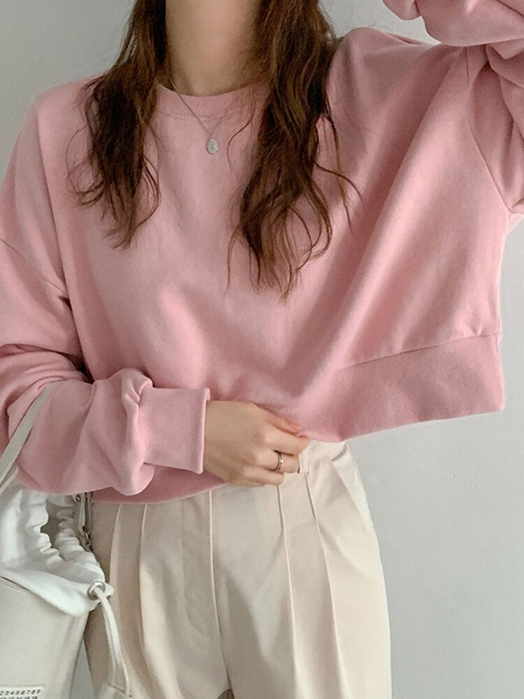 Women Long Sleeve Solid Round Necked Narrow Hem Pullover Sweatshirt