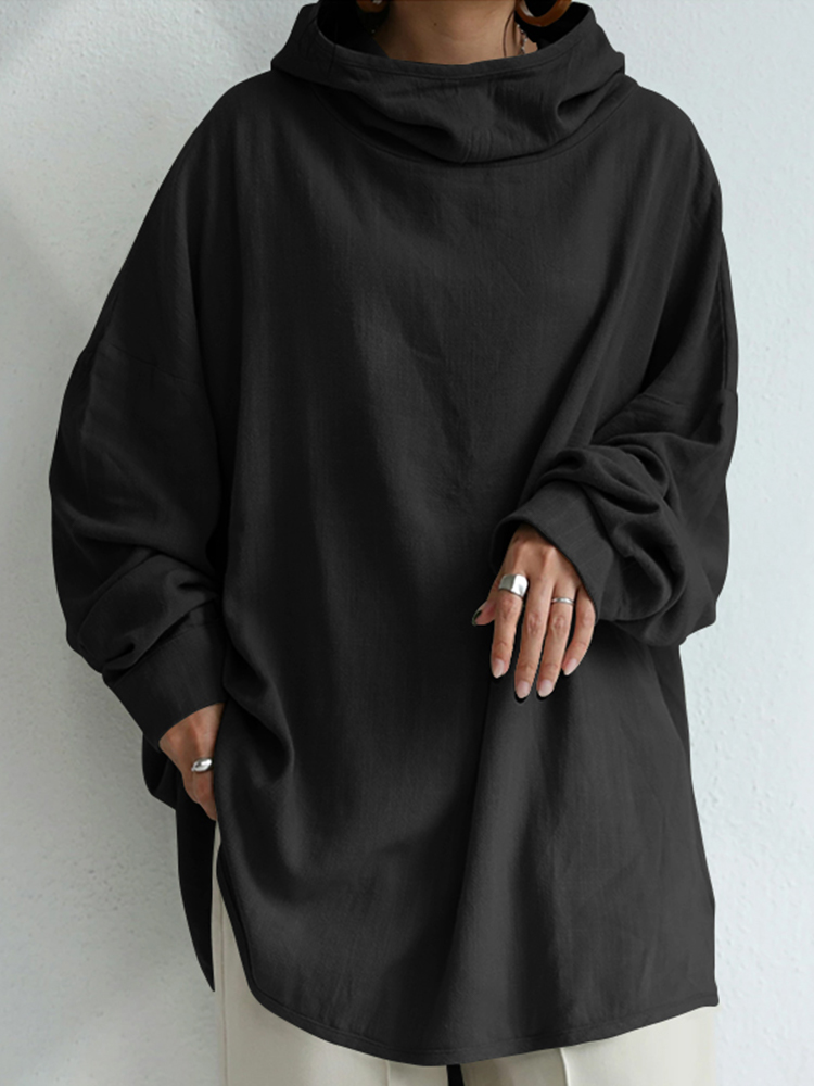 Women 100  Cotton Solid Color Wide Collar Button Cuffs Hoodie