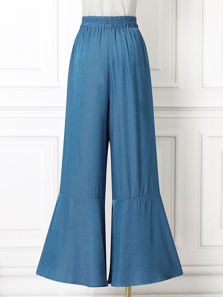 Leisure Solid Ruffle Wide Leg Pocket Pants