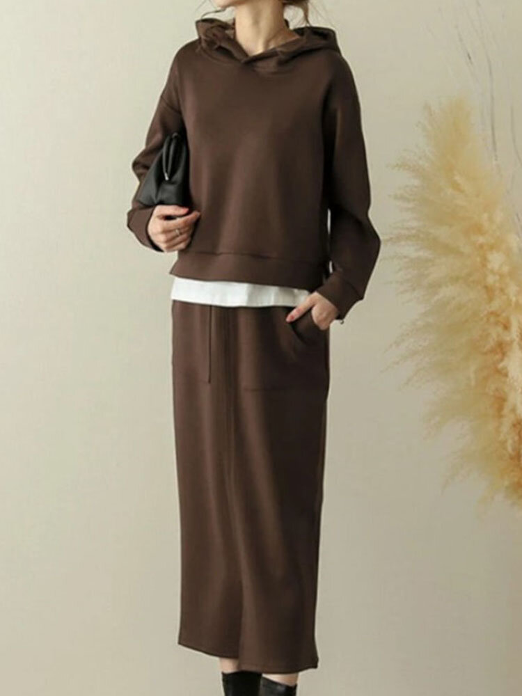 Women Sweatshirt Hooded Solid Side Pocket Calf Length Two  Piece Sets