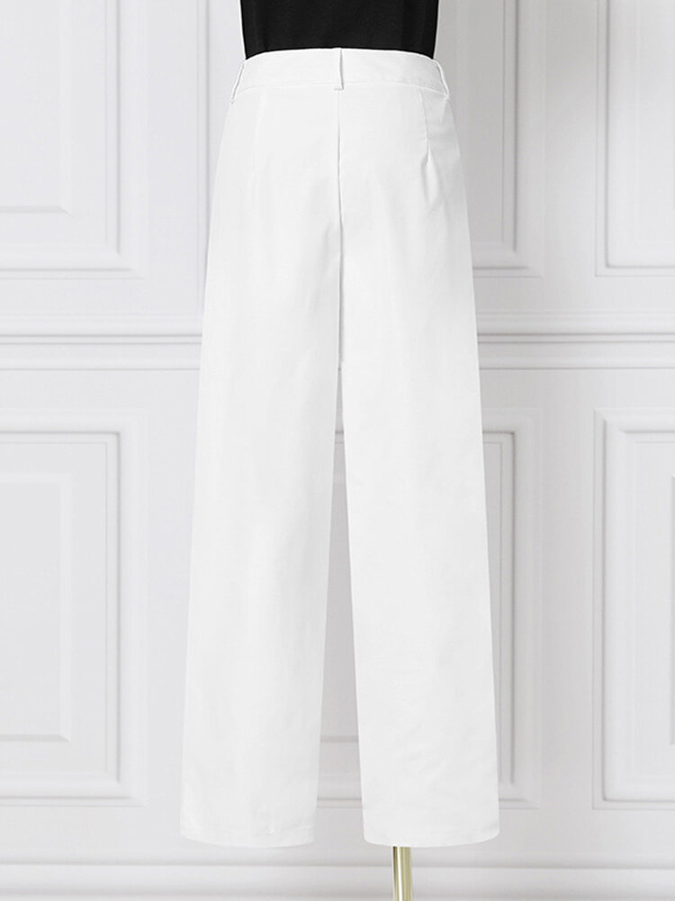 Women Zipper Pleated Commute Button Side Pocket Solid Casual Pants